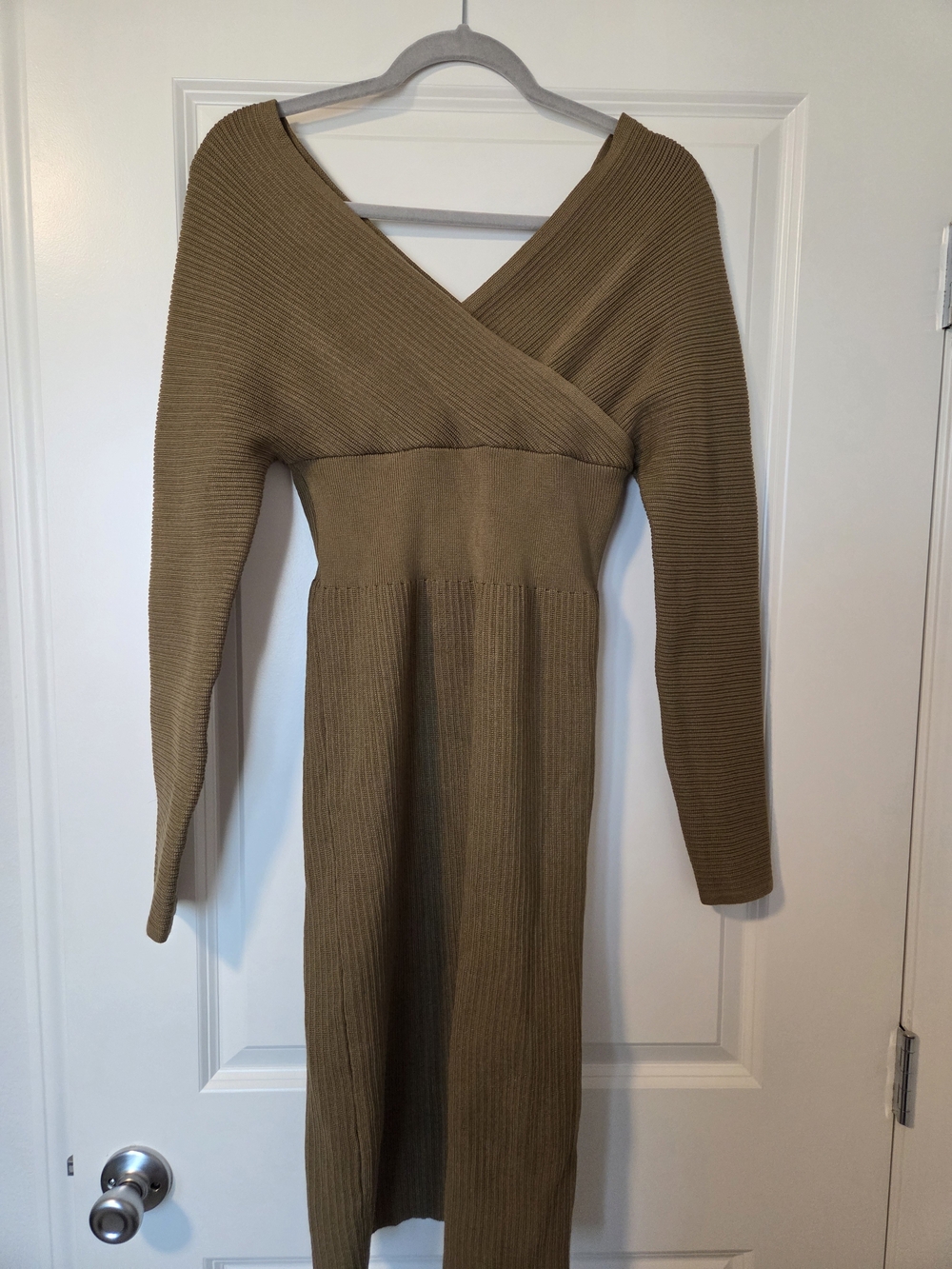 Women’s Ribbed Wrap-Style Midi Dress in Camel